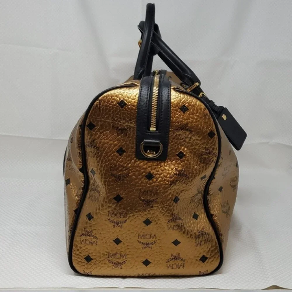 MCM Metallic Gold Weekend Duffle Duffel Coated Travel Bag Handbag